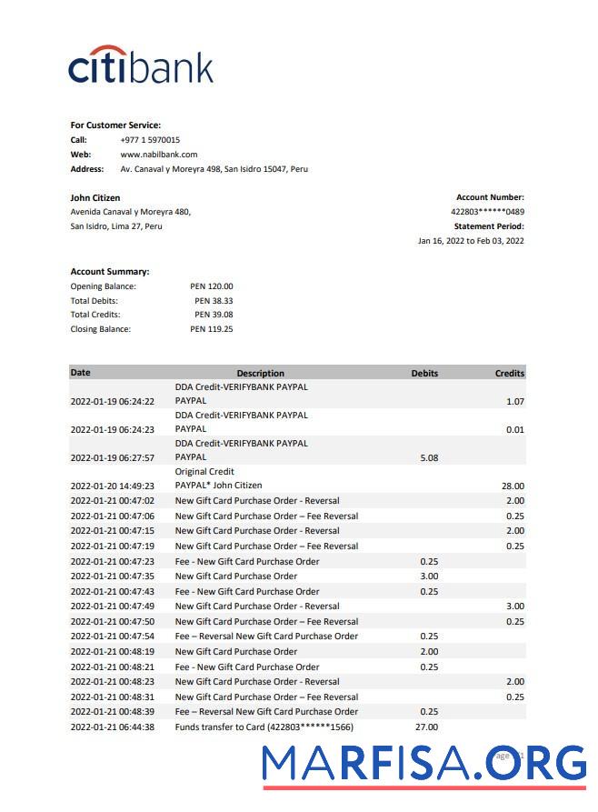 Blank Peru Citibank bank statement excel version 2 download for verification